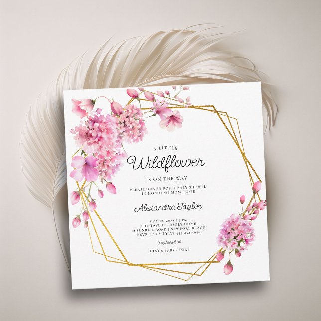 Wildflowers Gold Geometric Spring Baby Girl Shower Invitation (little wildflower baby girl shower invitation cottage garden watercolor pink gold hexagons boho chic)