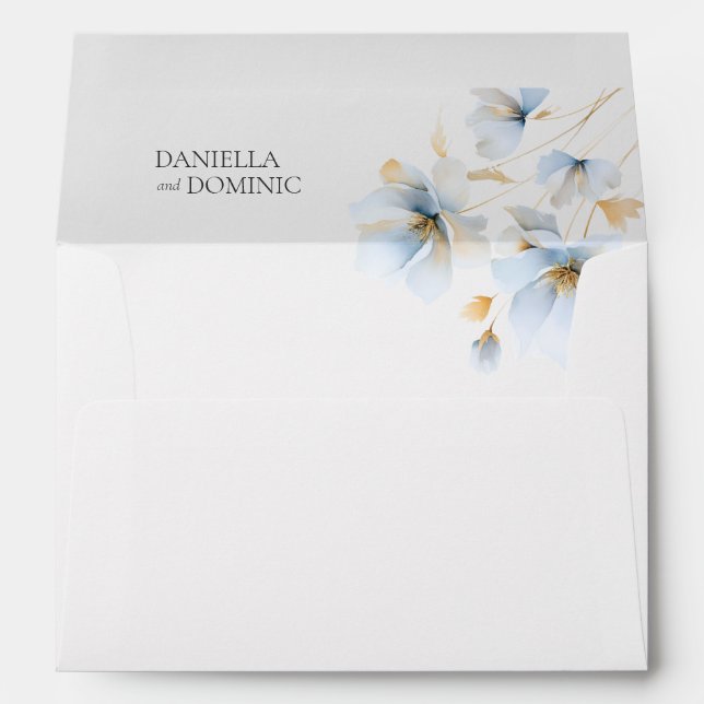 Wildflowers Gold Pastel Dusty Blue Floral Wedding Envelope (Back (Bottom))