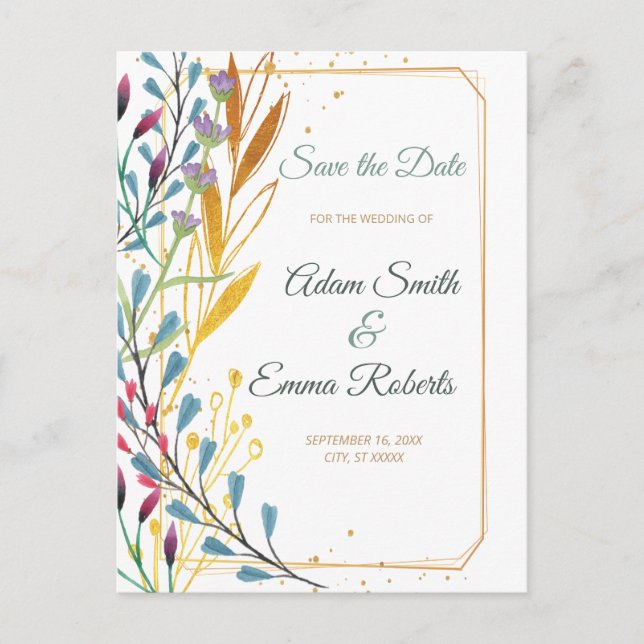 Wildflowers & Gold Sparkles Save the Date Wedding Postcard (Front)