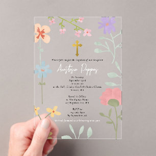 Wildflowers Greek Orthodox Christening Baptism Acrylic Invitations