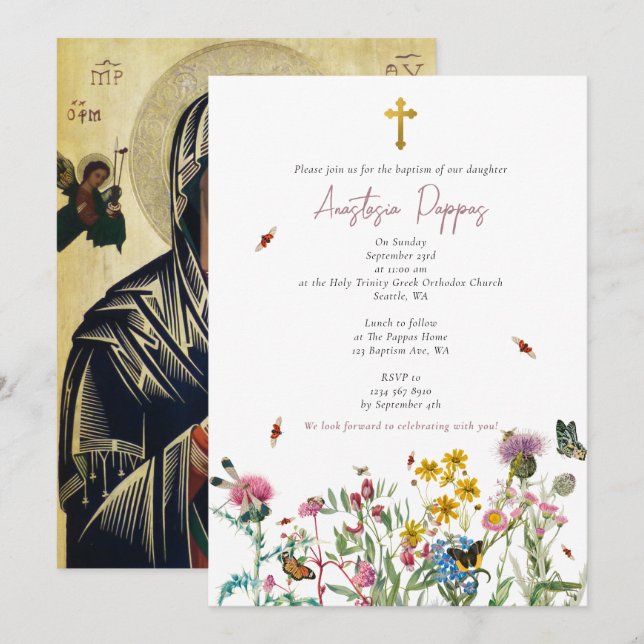 Wildflowers Greek Orthodox Christening Baptism Invitation (Front/Back)
