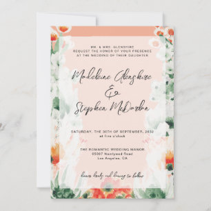 Wildflowers green & orange floral romantic wedding invitation