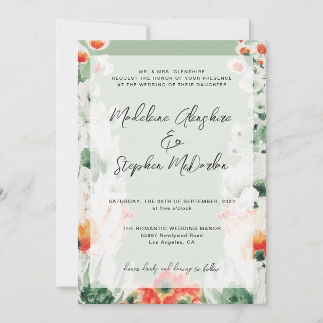 Wildflowers green & orange floral romantic wedding invitation (Front)