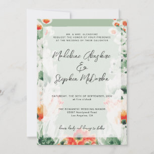 Wildflowers green & orange floral romantic wedding invitation