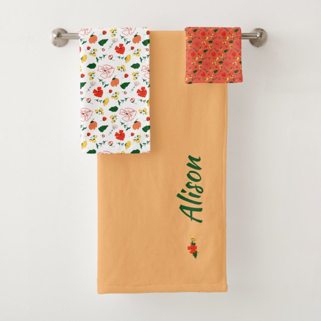 Wildflowers green white red bath name bath towel set (Insitu)
