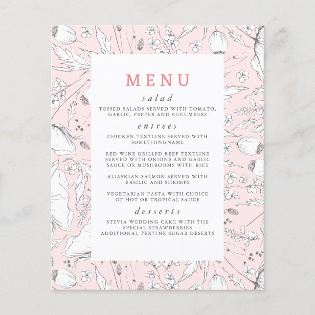 Wildflowers Hand-drawn Elegant Pink Wedding Menu (Front)