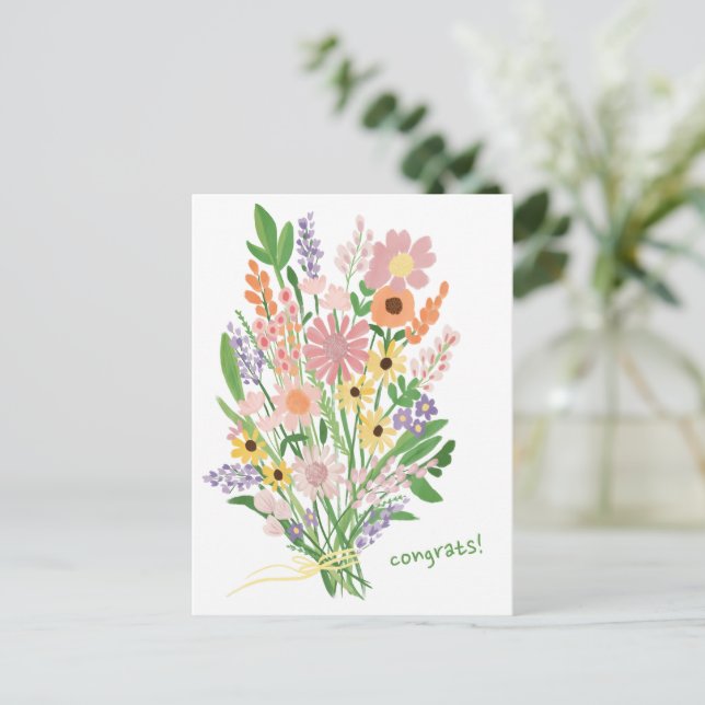 Wildflowers Handpainted Colourful Gouache Congrats Postcard (Standing Front)