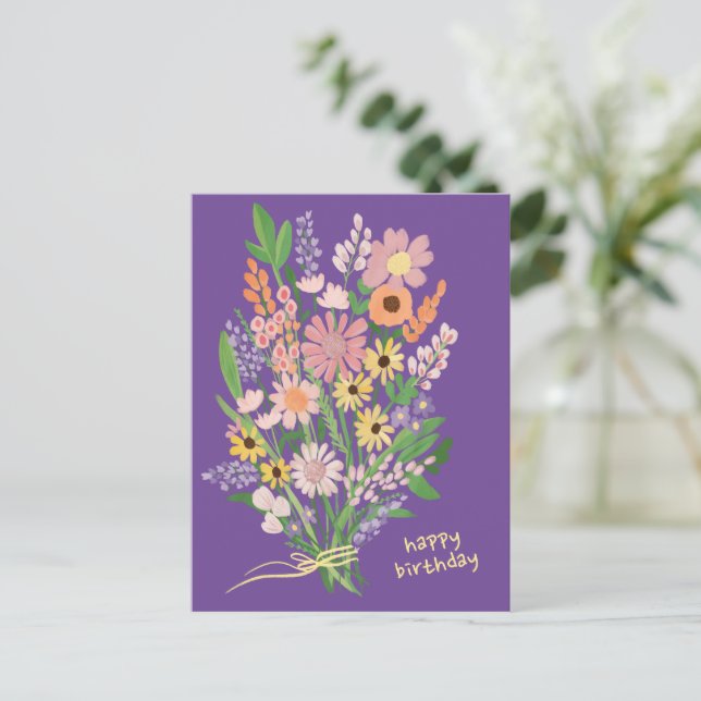 Wildflowers Handpainted Gouache Happy Birthday Postcard (Standing Front)