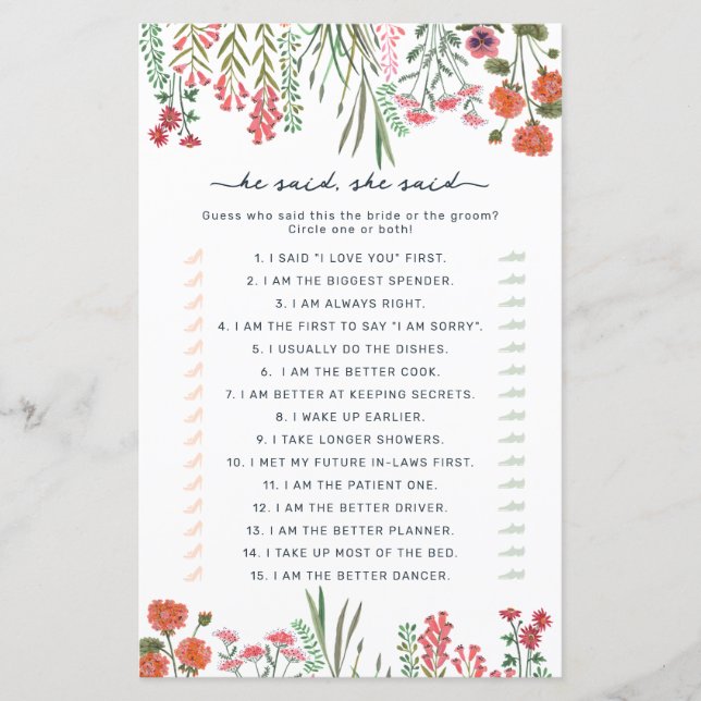 Wildflowers He said she said bridal shower game (Front)