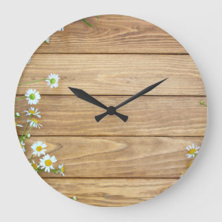 Wildflowers, herbs: wooden background. large clock