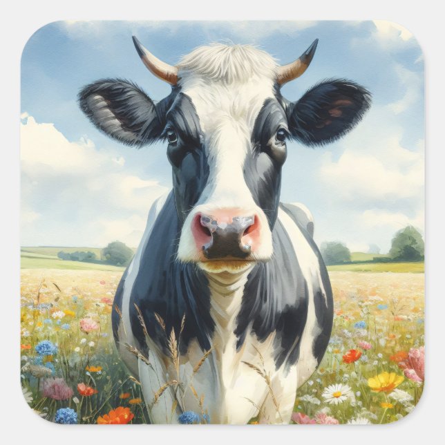 Wildflowers Holstein Dairy Cow Square Sticker (Front)
