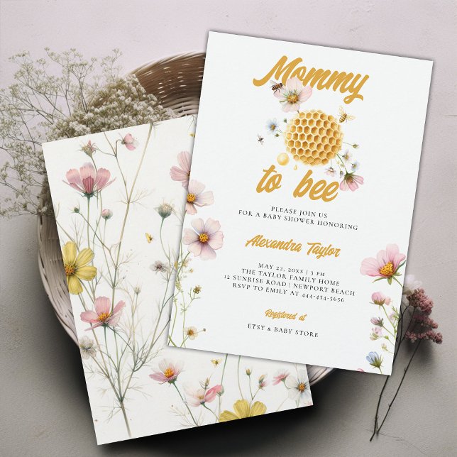 Wildflowers Honey Comb Mummy Bee Baby Girl Shower Invitation (mommy to bee baby girl shower invitation watercolor illustration honey comb whimsical wildflowers)