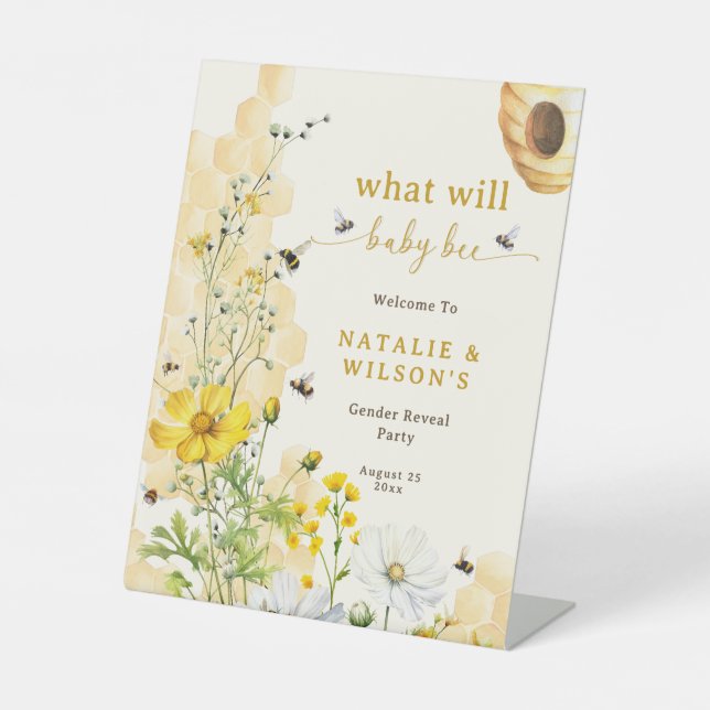 Wildflowers Honeycomb Bee Gender Reveal Welcome Pedestal Sign (Front)