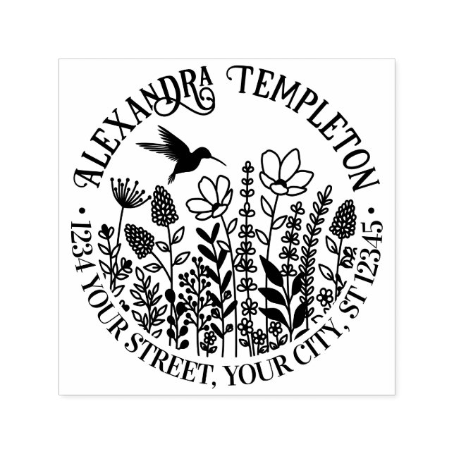Wildflowers & Hummingbird Name Return Address #1P Self-inking Stamp (Design)