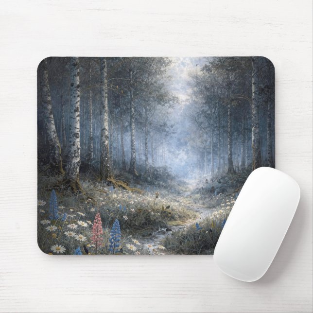 Wildflowers in a Moonlit Birch Forest  Mouse Mat (With Mouse)