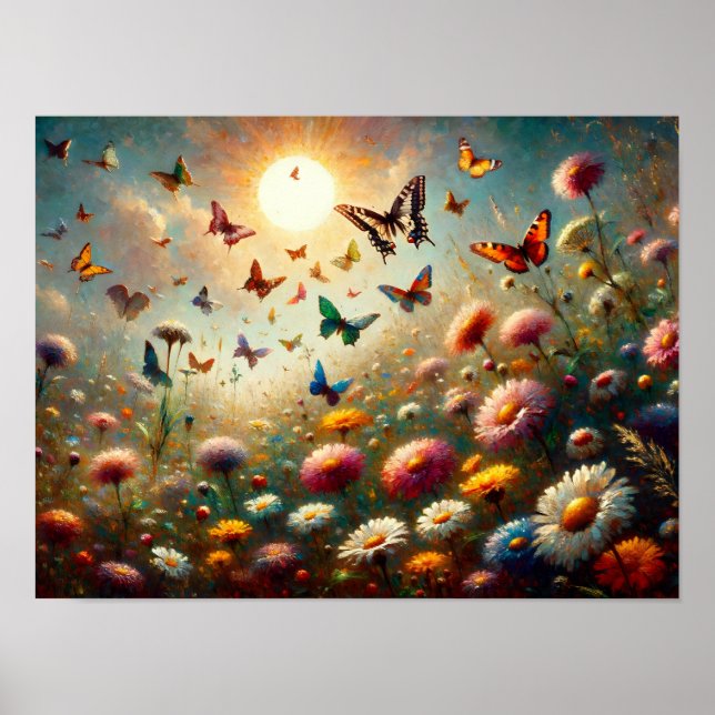 Wildflowers in Bloom Surrounded by Butterflies Poster (Front)