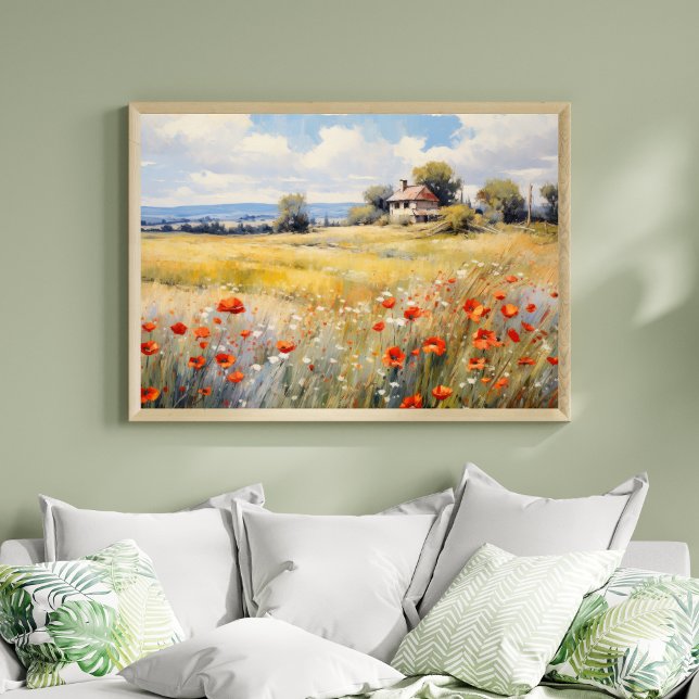 Wildflowers in Country Field Rustic Farmhouse Poster (Orange White Wildflowers Country Rustic Landscape Farmhouse Wall Art Watercolor Print)