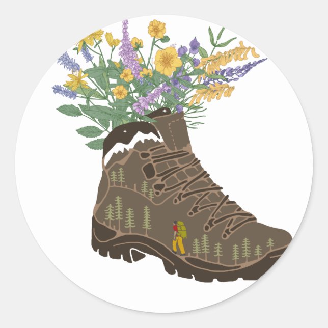 Wildflowers in Hiking Boot Camping  T-Shirt Keycha Classic Round Sticker (Front)