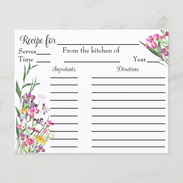 Wildflowers Iris Bridal Shower Recipe Request Card (Front)