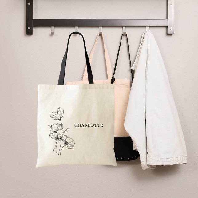 Wildflowers line art simple name tote bag (Creator Uploaded)