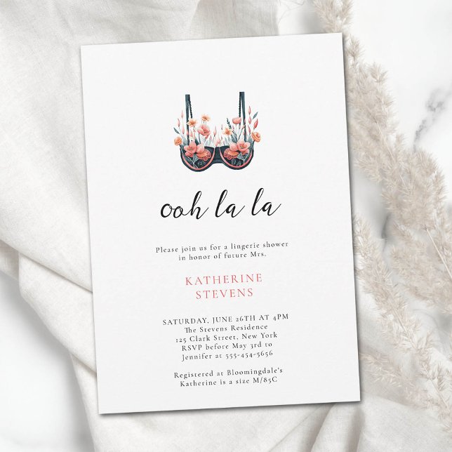 Wildflowers Lingerie Party Ooh La La Bridal Shower Invitation (lingerie shower wildflowers black bra watercolor bridal party invite modern elegant classy feminine )