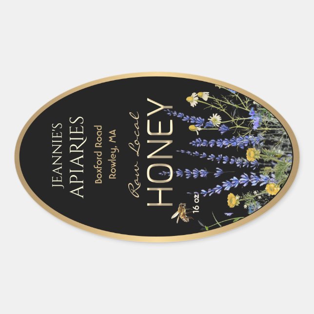 Wildflowers Local Raw Honey Label Bee Black Gold (Front)