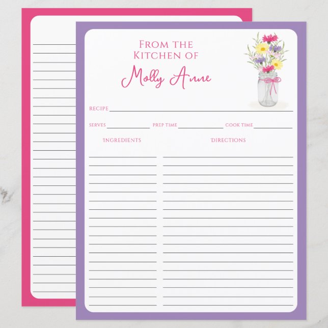 Wildflowers Mason Jar Purple & Pink Recipe Sheets (Front/Back)