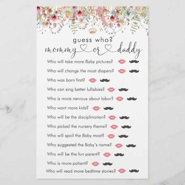 Wildflowers Meadow Baby Shower "Guess Who" Game (Front)