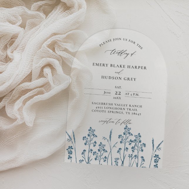 Wildflowers Meadow Blue Modern Arch Clear Wedding Acrylic Invitations (clear wedding invitation acrylic boho arch wildflowers sketch navy blue garden modern calligraphy)