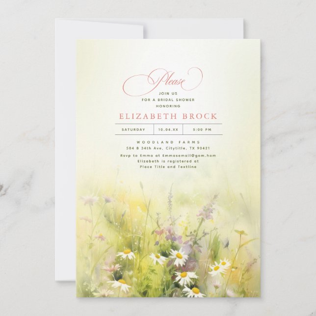 Wildflowers Meadow Elegant Bridal Shower Invitation (Front)