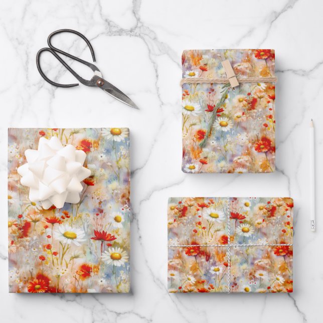 Wildflowers Meadow Red Poppies Daisies Wrapping Paper Sheet (Front)