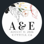 Wildflowers Modern Boho Black Accents  Classic Round Sticker<br><div class="desc">Wildflowers vibrant colourful wedding monogram stickers</div>