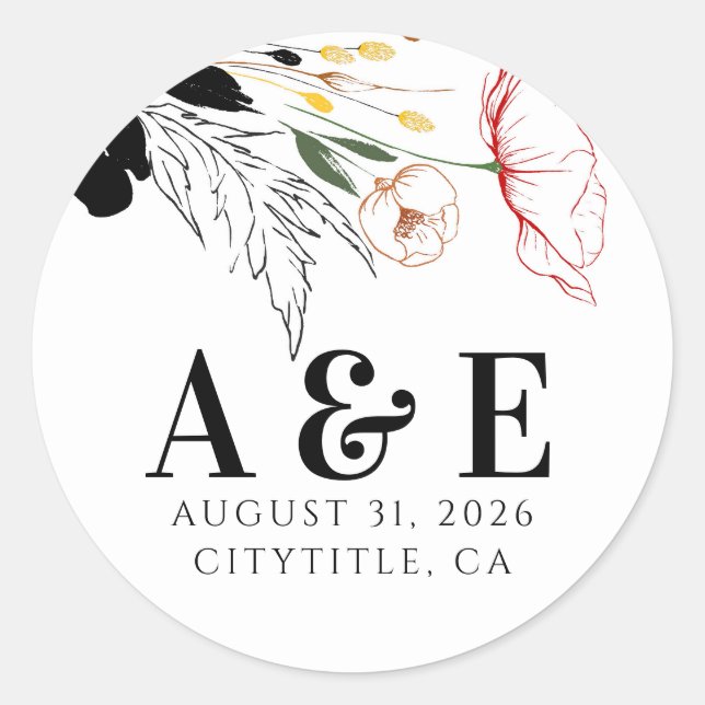 Wildflowers Modern Boho Black Accents  Classic Round Sticker (Front)