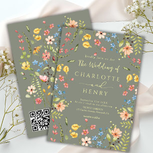 Wildflowers Modern Garden Sage QR Code Wedding Invitation