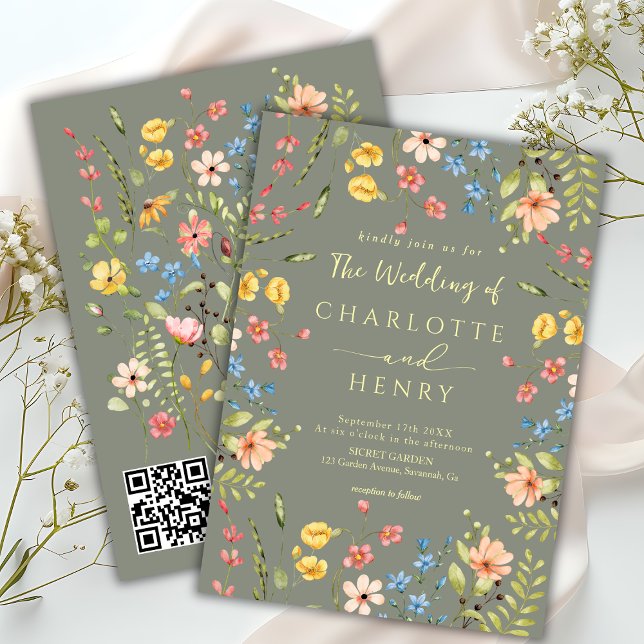  Wildflowers Modern Garden Sage QR Code Wedding  Invitation (Creator Uploaded)