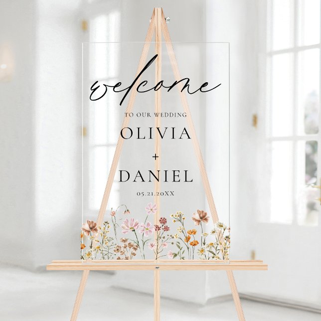 Wildflowers Modern Script Wedding Welcome Elegant Acrylic Sign (Creator Uploaded)