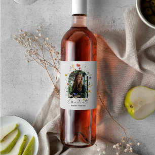 Wildflowers Modern White Arch Photo Graduate Party Wine Label