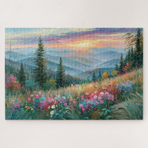 Wildflowers Mountain Sunset Painting Jigsaw Puzzle