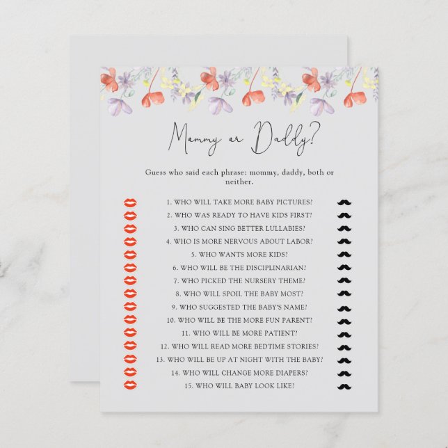 Wildflowers mummy or daddy baby shower game (Front/Back)