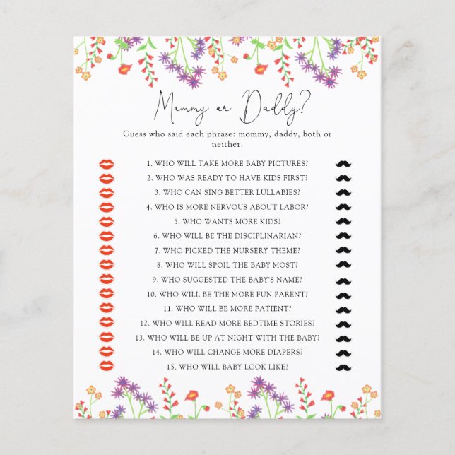 Wildflowers mummy or daddy baby shower game (Front)