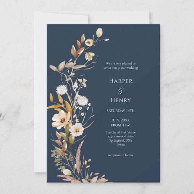 Wildflowers Navy Blue Boho Botanical Wedding  Invitation (Front)