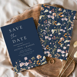 Wildflowers Navy Blue Save the Date Minimalist 