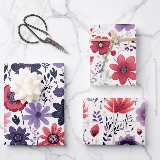 Wildflowers Navy Red Purple Wrapping Paper Sheet (Front)