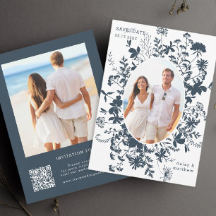 Wildflowers Navy Silhouette 2 Photo Wedding  Save The Date