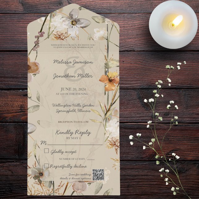 Wildflowers on Beige with QR Code All In One Invitation (Creator Uploaded)