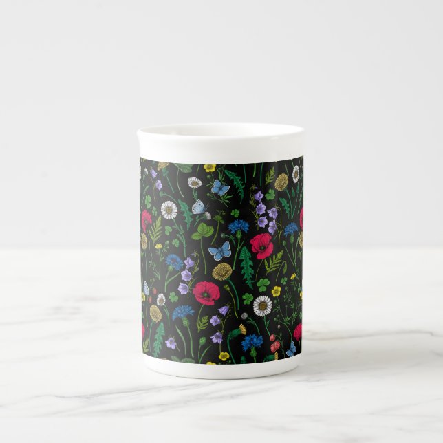 Wildflowers on black bone china mug (Front)