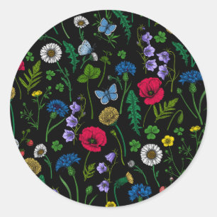 Wildflowers on black classic round sticker