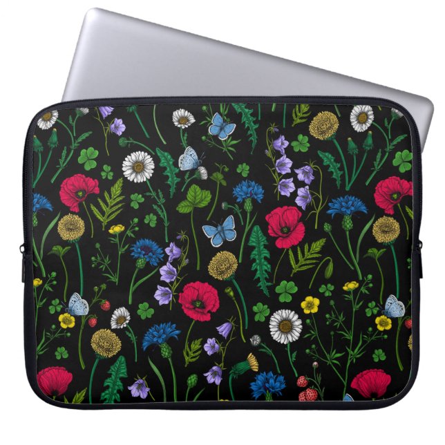 Wildflowers on black laptop sleeve (Front)