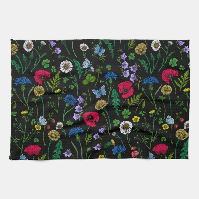 Wildflowers on black tea towel (Horizontal)
