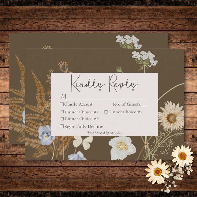 Wildflowers on Brown Wedding Three Dinner RSVP Card (Wildflowers on Brown Wedding Three Dinner RSVP Card)
